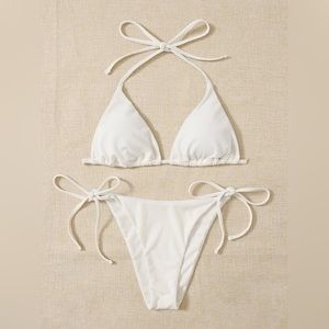 NEW Shein Solid Halter Triangle Tie Side Bikini Swimsuit Set White Medium